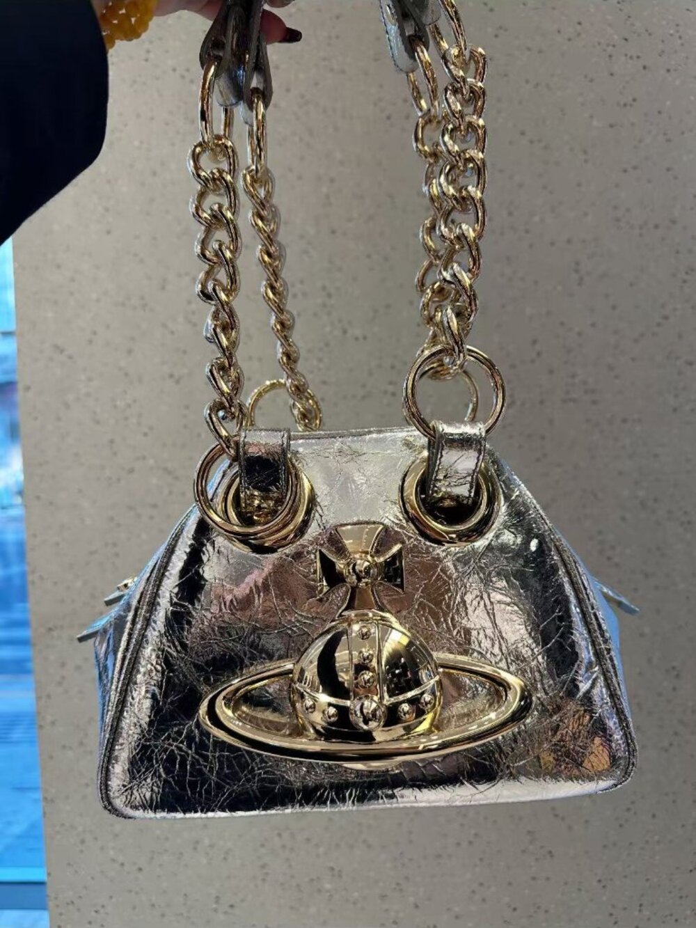 Vivienne Westwood Silver Cracked Leather Mini Orb Handbag with Gold Chain